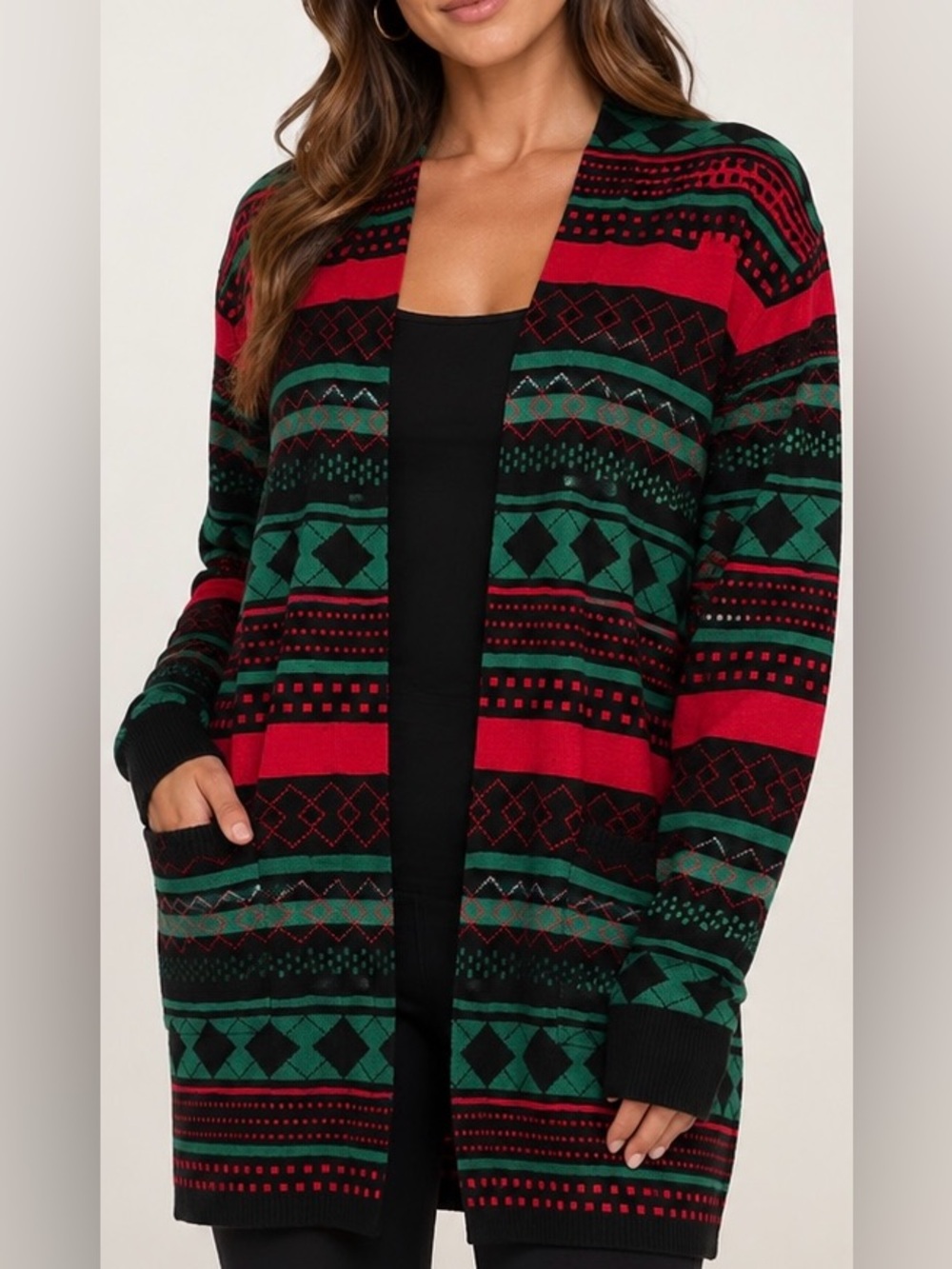Open-Front Holiday Stripe Cardigan Sweater - Red & Green